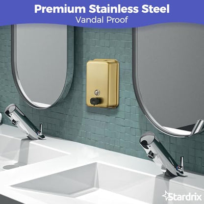 Stardrix Brushed Gold Stainless Steel Vertical 1100ml/37oz Capacity Commercial-Grade Soap Dispenser, Wall-Mounted Bathroom Hand Soap Dispenser with Corrosion-Proof Lining and Anti-Leak Pump - color: Vertical Gold