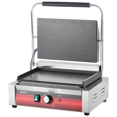 EGGKITPO Commercial Electric Panini Grill with Flat Plates Stainless Steel Sandwich Maker 14"× 9.5" Cast Iron Enamel Plate Countertop Panini Press with Temperature Control for Business 110V 1700W - size: 14"×9.5” Smooth Plate