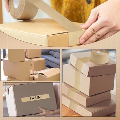 Reinforced Water Activated Gummed Kraft Paper Tape,2 Rolls 1.9 inch x 49.2 yd Brown Packing Tape,Total 98.4 yds for Heavy Duty Secure Packing and Shipping