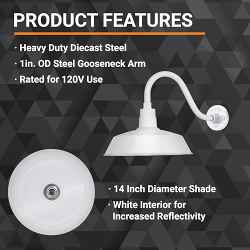 14in. White Outdoor Gooseneck Barn Light Fixture, 5000K Cool White - color: White, size: 14-1/2 in Gooseneck Arm