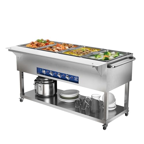 TOPKITCH Commercial Electric Food Warmer Soup Station - 4 Independent 19.5L Pans with German EGO Thermostat, Rolling Stand with Adjustable Shelves for Restaurant, Catering, Party - size: TC-4P