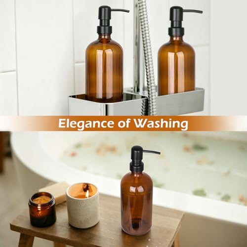 GeeRic 32 Ounce Glass Soap Dispensers, 2 Pack Refillable Amber Glass Bottles with Stainless Steel Pump, Bathroom Kitchen Liquid Dispenser for Hand Soap, Lotion, Shampoo