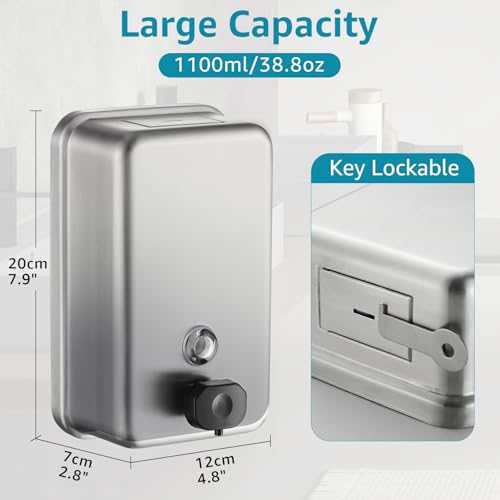 Commercial Wall Mount Soap Dispenser - Stainless Steel Bathroom Hand Soap 38.8oz Liquid - Anti-Leak Pump and Large Capacity Brushed Refillable - size: Vertical 38.8oz