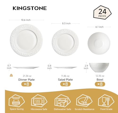 KINGSTONE 24Pcs Vintage Relief White Bone China Set, Service for 8 - color: White-Retro Embossed, size: service for 8-24pcs