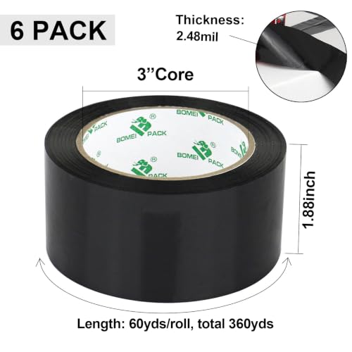 BOMEI PACK 6 Rolls Black Heavy Duty Packing Tape with red Dispenser, Packaging Tape 1.88 Inches x 60Yards, 2.5mil Industrial Shipping Tape for Moving Shipping, Office & Storage - color: Black