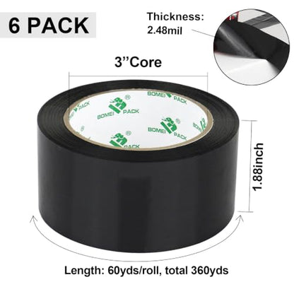BOMEI PACK 6 Rolls Black Heavy Duty Packing Tape with red Dispenser, Packaging Tape 1.88 Inches x 60Yards, 2.5mil Industrial Shipping Tape for Moving Shipping, Office & Storage - color: Black