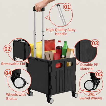 Foldable Shopping Cart with Wheels: Small Rolling Utility Crate - color: Black(s)