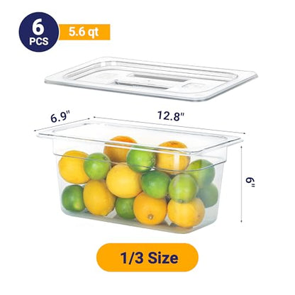 BIEAMA 6 Pack 1/3 Size 6" Deep NSF Polycarbonate Food Pans with Lids - color: 1/3 Size, size: 6" Deep