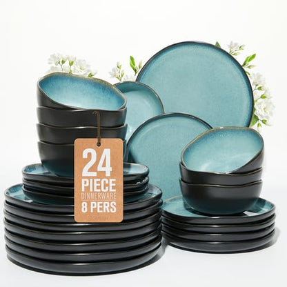 Pokini Stoneware Dinnerware Sets for 8, 24Pcs Ceramic Plates and Bowls Sets - color: Green Black, size: Set (24pcs)