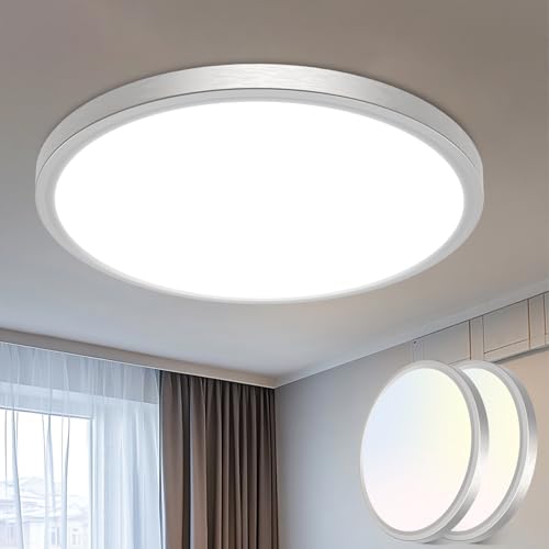 libtit 16 inch Flush Mount LED Ceiling Light Fixture, 3000K 4000K 6500K Adjustable, 36W 3600lm Brushed Nickel Satin Round Ceiling Lamp for Bathroom Shower Hallway Kitchen, 2 Pack - color: Brushed Nickel, size: 16in-2Pack
