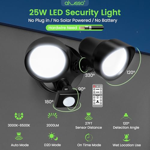 ALUSSO LED Security Lights Motion Sensor, 25W 2000LM Flood Lights Outdoor Motion Sensor with Remote 120V, Dimmable Brightness 3000K-6500K CCT IP65 Security Light ETL Listed for House Garage 1 Pack - color: Black Remote Control 25W