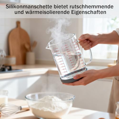 BCnmviku Glass Measuring Cup 6CUPS/1500ML/50OZ High Borosilicate [Insulated Handle | V-Shaped Spout]For Prepping Baking and Cooking Preheated Oven Dishwasher Freezer and Microwave Safe - size: 1500ML