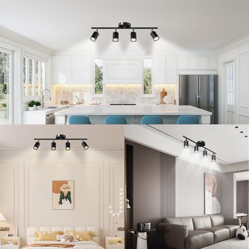 LED 4 Light Track Lighting Kit, 23.6" Black 4 Way Ceiling Spotlights Fixture, 3 CCT Adjustable, with Flexibly Rotatable Light Heads for Kitchen, Living Room, Bedroom, Includes 4 x GU10 Bulb - color: Black, size: 4