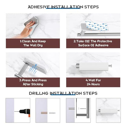 ASTOFLI Paper Towel Holder Under Cabinet No Drilling, Self Adhesive Paper Towel Holder Wall Mount for Kitchen Rack, Under Counter Napin Holder No Drill, RV, 304 Stainless Steel, Silver - color: Silver