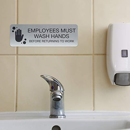SBLABELS Employees Must Wash Hands Indoor Easy Adhesive Mount Door and Wall Sign for Restaurants and Small Businesses 3" x 9" - Silver - color: Silver, style: Employees Must Wash Hands