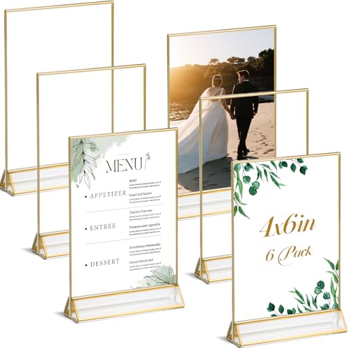 UNIQOOO Acrylic Sign Holders with Golden Border, Portrait View, Pack of 6 | 4x6 Inches Double Sided Clear Frame, Perfect for Wedding reception, Centerpiece, Decoration, Party,Anniversary, Event - size: 4x6",6Pack