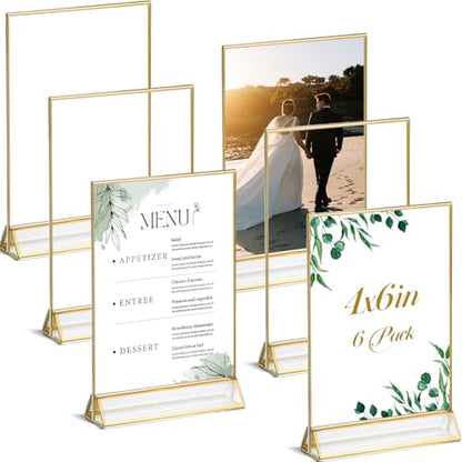 UNIQOOO Acrylic Sign Holders with Golden Border, Portrait View, Pack of 6 | 4x6 Inches Double Sided Clear Frame, Perfect for Wedding reception, Centerpiece, Decoration, Party,Anniversary, Event - size: 4x6",6Pack