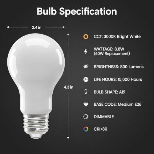 Feit Electric Enchance A19 LED Light Bulbs, 8.8W (60W Equivalent), 3000K Bright White, Dimmable, 90+ CRI, E26 Base, 17,000-Hour Lifetime, Residential or Commercial Bulb, A1960/930CA/FIL/4, 4-Pack