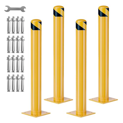 Safety Bollard,4 Packs 48 Inch Height Bollard Post, 4.5 Inch Diameter, Yellow Safety Steel Bollard Post with Anchor Bolts for Traffic Control, Driveway Barrier, Parking Pole - size: 48inch