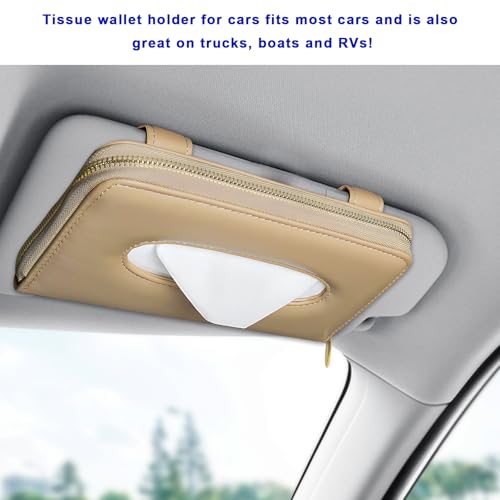 Car Tissue Holder, PU Leather Auto Sun Visor Tissue Case Napkin Holder with Zipper, Rectangular Mask Dispenser Hanging Paper Towel Organizer for Cars SUVs Trucks RVs (Beige) - color: Beige