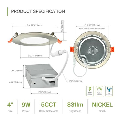 ASD 6 Pack LED Recessed Lighting 4 Inch 9W, 5 CCT 2700K-5000K CRI90+, IC Rated Ultra Thin Dimmable Ceiling Lights with J Box, Canless Wafer Downlight, Round Slim Panel Light, Energy Star ETL, Nickel - color: Nickel, size: 4 Inch 6 Pack