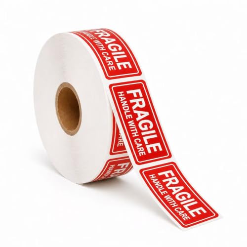 Pacific Mailer Fragile Stickers 1" x 3" Fragile Handle with Care Warning Packing Shipping Label with Self Adhesive for Moving, Shipping [1000 Labels Per Roll]