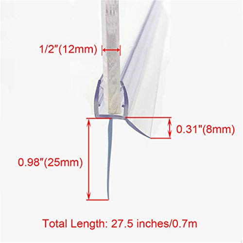 Frameless Shower Door Bottom Seal with Drip Rail 1/2" Thick Glass 27.5" Long Sweep - Glass Door Seal Strip Stop Shower Leaks - size: 1/2"(12mm)
