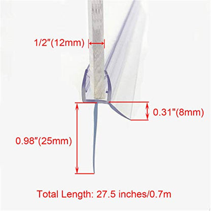 Frameless Shower Door Bottom Seal with Drip Rail 1/2" Thick Glass 27.5" Long Sweep - Glass Door Seal Strip Stop Shower Leaks - size: 1/2"(12mm)