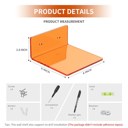 Sezanrpt 6 Inches Small Orange Wall Shelves Set of 2, Wall Mounted Display Shelf Rack for Bedroom, Living Room, Smart Speaker, Clock, Decoration, 2 Pack - color: Orange, size: 6 Inch