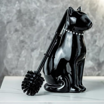 Cat Toilet Brush Holder - Ceramic Whimsical Feline Design with Wide-Mouth Storage, Black Toilet Bowl Brush and Holder Set Cute for Bathroom Ground, Easy-Clean Cat Lover Gift (White)