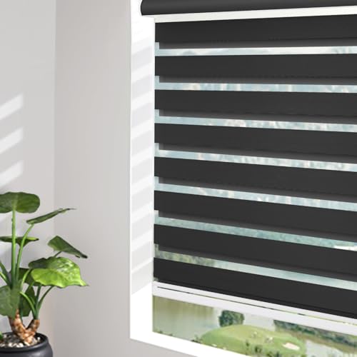 Changshade Custom Size Cordless Zebra Blinds for Indoor Window, Light Control Dual Layer Roller Zebra Shades with Thermal Insulated for Office,Living Room,Easy Installation Black Out Zebra Blind - color: Black, size: Drill Installation-Custom Size