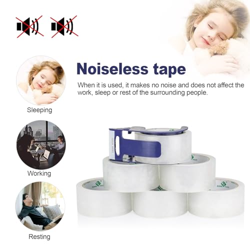 BOMEI PACK 6 Rolls Clear Silent Packing Tape, 1.88" x 60 yds with Blue Dispenser,Heavy Duty Packaging Carton Tape for Shipping Packaing Moving Sealing, 2.4mil Thickness, 60 Yards Per Roll - color: Clear