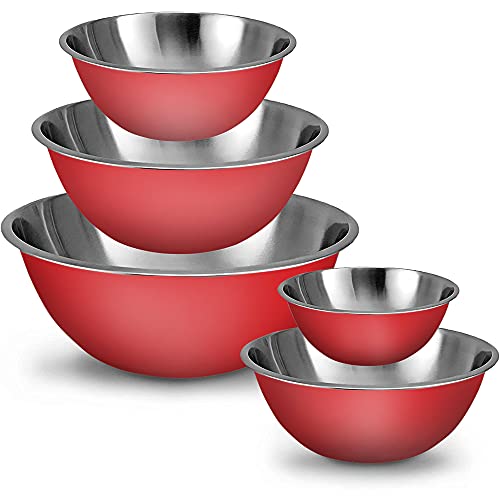 WHYSKO Stainless Steel Mixing Bowls Set, 5-Piece Meal Prep & Food Storage - color: Red