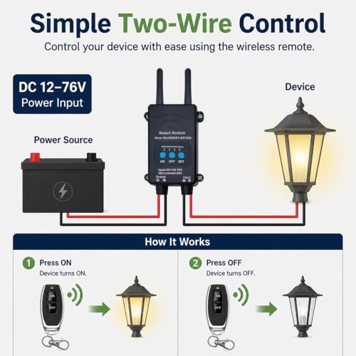 Bluetooth RF Relay Switch,DC 12-76V 30A Remote Kit with 2 Remotes