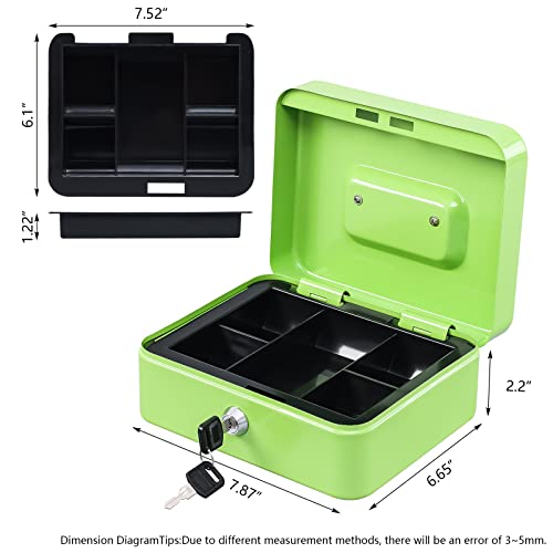 KYODOLED Medium Cash Box with Money Tray,Small Safe Lock Box with Key,Cash Drawer,7.87"x 6.30"x 3.54" Limegreen Medium - color: Limegreen, size: Medium