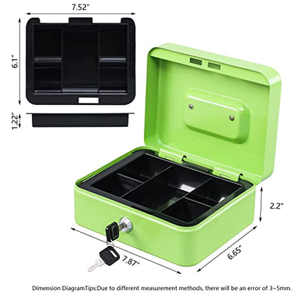 KYODOLED Medium Cash Box with Money Tray,Small Safe Lock Box with Key,Cash Drawer,7.87"x 6.30"x 3.54" Limegreen Medium - color: Limegreen, size: Medium