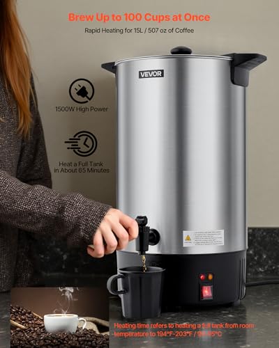 VEVOR Commercial Coffee Urn, 100 Cup 15 L Hot Beverage Dispenser with Dripless Faucet, Quick-Brewing Stainless Steel Large Commercial Coffee Maker, for Catering, Business, Party, Church & Restaurant - size: 100Cups