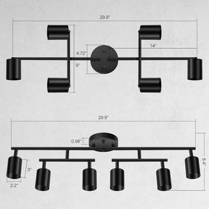 BoostArea 6 Light Track Lighting Kit, Black 6 Way Ceiling Spot Lighting, Center Swivel Track Light Heads, Flexibly Rotatable Light Head for Kitchen, Living Room, Bedroom, GU10 Bulb Not Included - color: Rotatable-6 Light-black