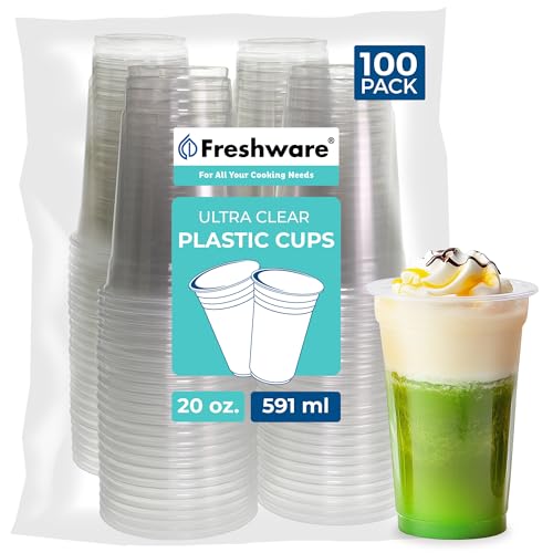Freshware 20 oz Clear Disposable Plastic Cups, 100 Pack Clear Plastic Cups Tumblers, Heavy-duty Party Glasses, Disposable Cups for Thanksgiving, Halloween, Christmas Party - size: 20 oz. [100-PK]