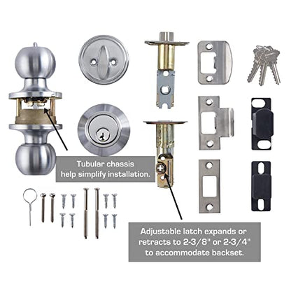 BRINKS Commercial - Keyed Entry Door Knob with Deadbolt Set, Satin Chrome Finish - Meets ANSI Grade 2 Standards