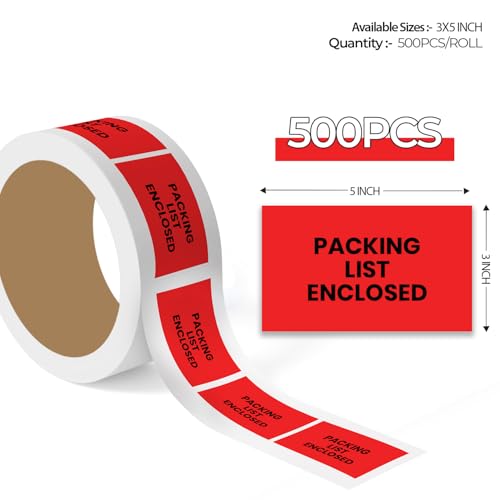 StickerJet Packing List Enclosed Labels 3"x5" – 500 Pcs Adhesive Roll for Shipping, Packing, Warehousing & Handling Instructions﻿– Easy Peel & Stick Warning Stickers – Made in USA - color: Packing List Enclosed