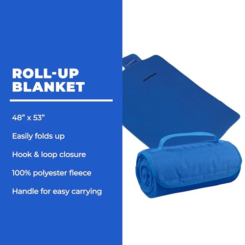 25 Ct of Roll-Up Blankets for Camping, Travel, Outdoors, Beach, Picnics – Royal Blue – Hook + Loop Closure for Easy Use in Cars & on Airplanes – Customizable for Promotions & Events - color: Royal Blue