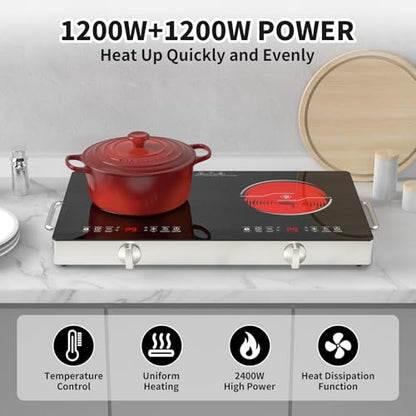 GIHETKUT Electric Cooktop,110V 2400W Stove top, Countertop Cooktop with 9 Power Levels, LED Display,Child Safety Lock, Timer,Knob and Touch Control 2 burner Electric cooktop - size: 2 burner stove top