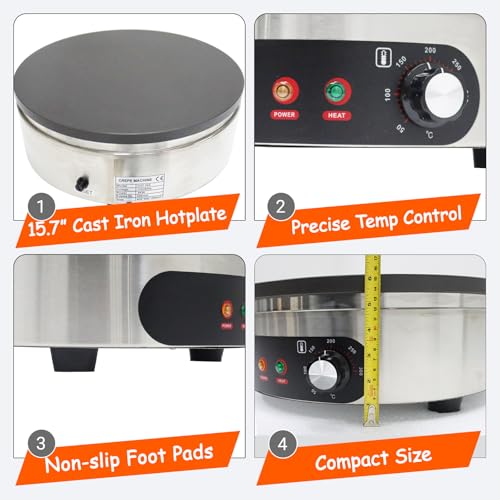 110V 2000W Electric Crepe Maker Machine 15.7" Non-Stick Hotplate Round Griddle with Adjustable Temperature 50-300°C Pancake Maker for Home & Commercial Use, Blintzes, Eggs, Tortillas