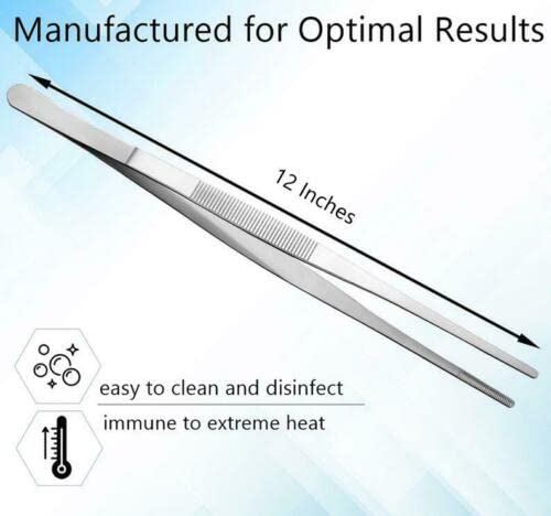Professional Culinary Stainless Steel Precision Tongs with Serrated Tips, Plating/Food Presentation Detailing Serving Tongs, Chef's Kitchen Tweezer Tongs - Ultra Non-Slip Grip (12 Inch) - size: 12" Straight