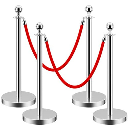 LOVMOR Crowd Control Stanchion, Rope Safety Barriers with 5 ft Red Rope, Red Carpet Poles for Theaters Hotels Clubs Party Ceremony, 4PCS - color: Silver-4pack