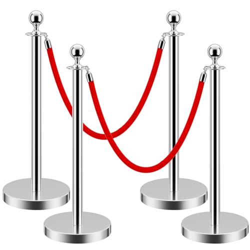 LOVMOR Crowd Control Stanchion, Rope Safety Barriers with 5 ft Red Rope, Red Carpet Poles for Theaters Hotels Clubs Party Ceremony, 4PCS - color: Silver-4pack