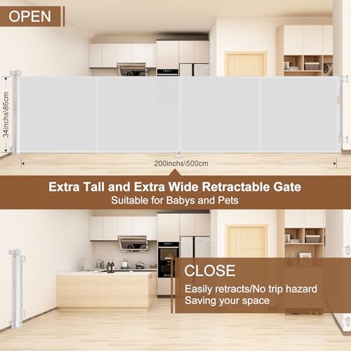 Miumoon 200 inch Reinforced Retractable Baby Gates 37 inch Tall - color: White, size: 37" Tall x 200" Wide