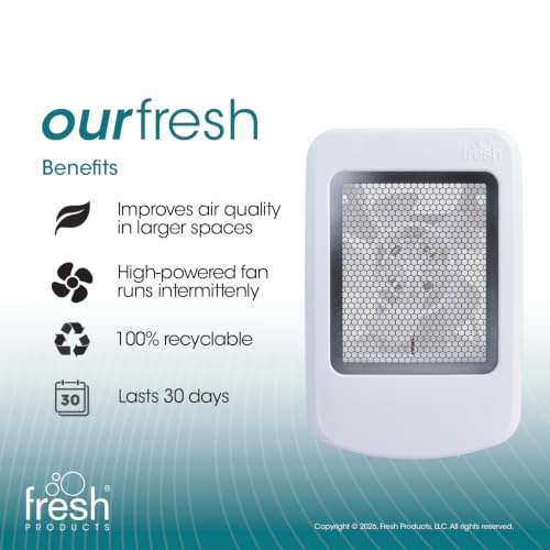 Fresh Products ourfresh 2 Air Freshener Replace Metered Aerosol with Dry Fragrance 30 Day Use Medium Sized Spaces Light Activated Battery Operated Refill Reminder White Dispenser 1 pk