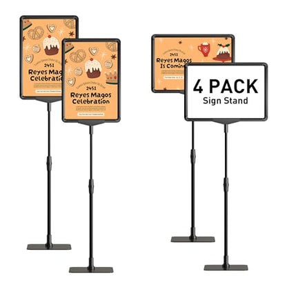 Sign Holder Stand 8.5x11 inch Adjustable Standing Sign Stand - Floor & Tabletop Poster Display with 360° Rotating Frame - Signage Stand 4 Pack Stable Base for Retail Menu Advertising